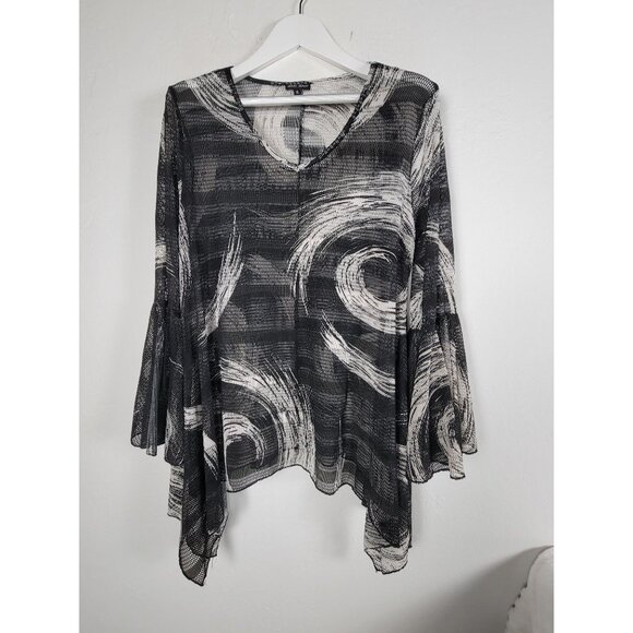 Dor Dor Couture Women Black White Mesh Tunic Top XL Flared Sleeve Abstract Swirl - Picture 1 of 7